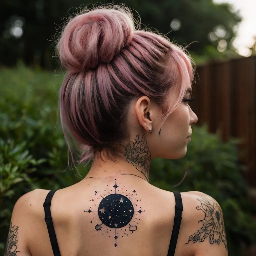 Tattoo of a celestial compass on the upper back; features a starry night sky enclosed in a circle with directional points.