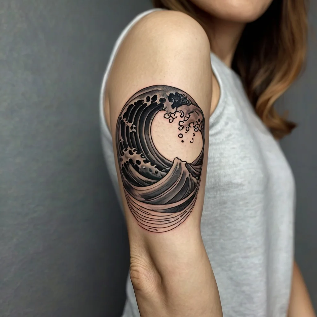 Black and grey tattoo of a stylized wave on the upper arm, inspired by traditional Japanese art, featuring intricate detailing.