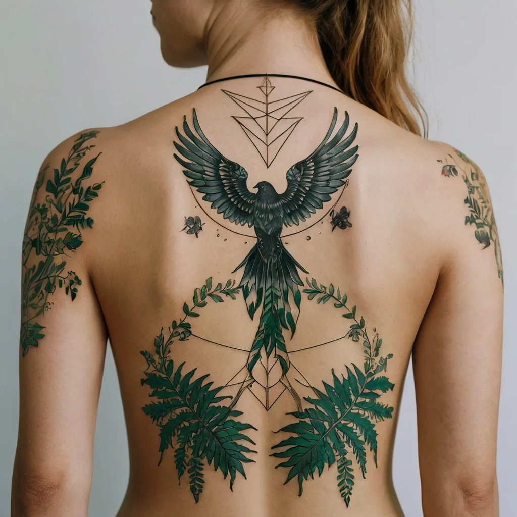 Intricate tattoo of a phoenix with outstretched wings, geometric lines, and leafy fern accents on the back.