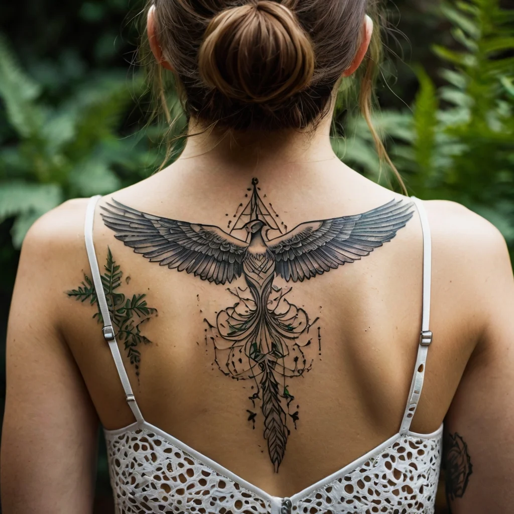 Intricate bird tattoo on back with extended wings, detailed feathers, and geometric elements, symbolizing freedom.