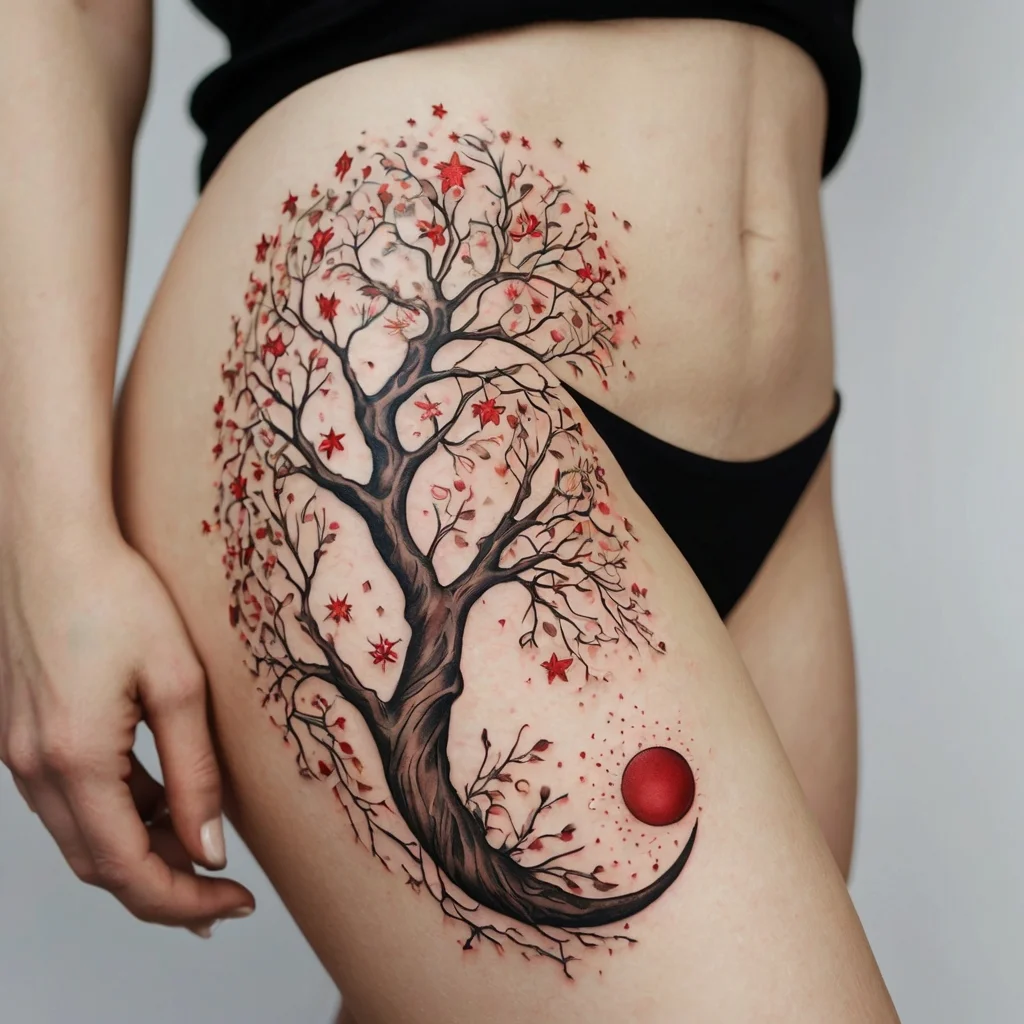 Tattoo of a tree with red leaves and a crescent-shaped trunk, accented by a red sun, wrapping gracefully around the thigh.