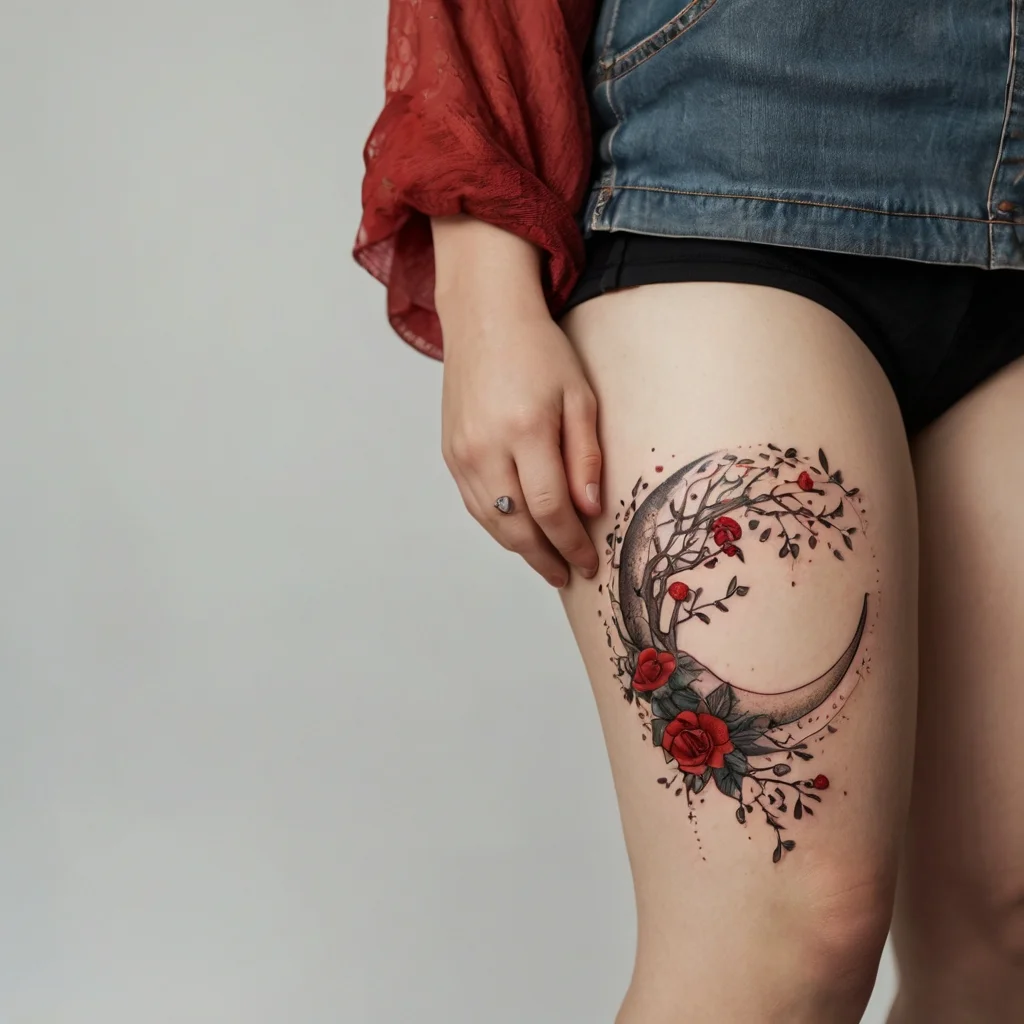 Intricate crescent moon on thigh entwined with red roses and delicate branches, blending natural and celestial themes.