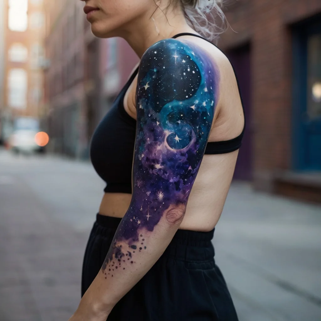 Vivid galaxy tattoo sleeve with stars, planets, and cosmic swirls in purple, blue, and black hues on upper arm.