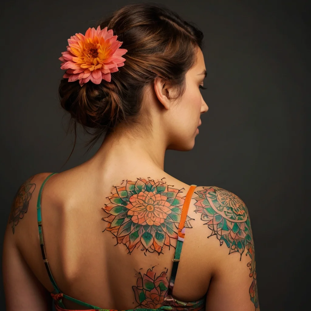 Intricate mandala tattoos in green and orange hues cover shoulders, featuring detailed floral and geometric patterns.