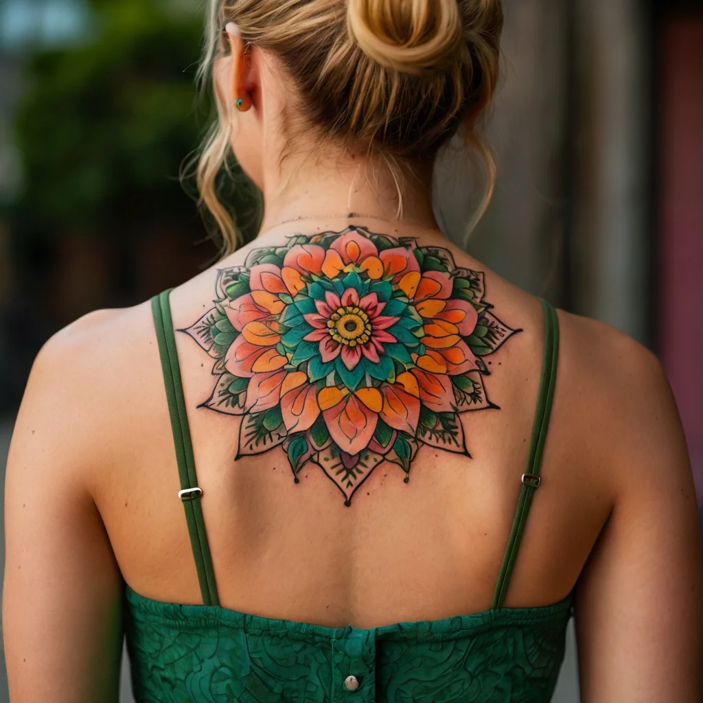 Colorful mandala tattoo on upper back with vibrant petals in teal, orange, and yellow hues, creating floral symmetry.