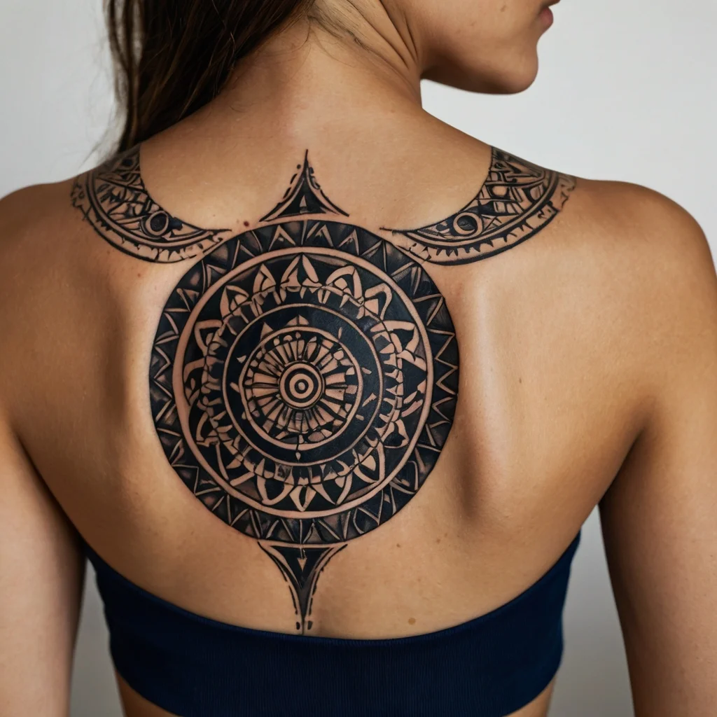 Intricate mandala tattoo on the upper back with symmetrical geometric patterns and tribal accents on the shoulders.