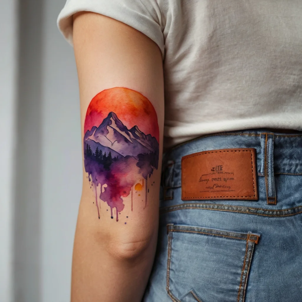 Watercolor mountain landscape tattoo with a vibrant sunset, blending reds, purples, and oranges, suggesting serenity.