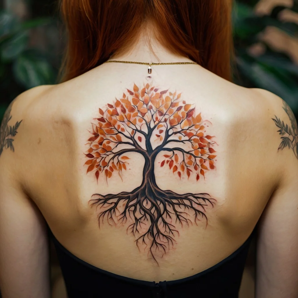 Tattoo of a vibrant tree on the back, showcasing orange and red leaves with intricate roots symbolizing growth and grounding.