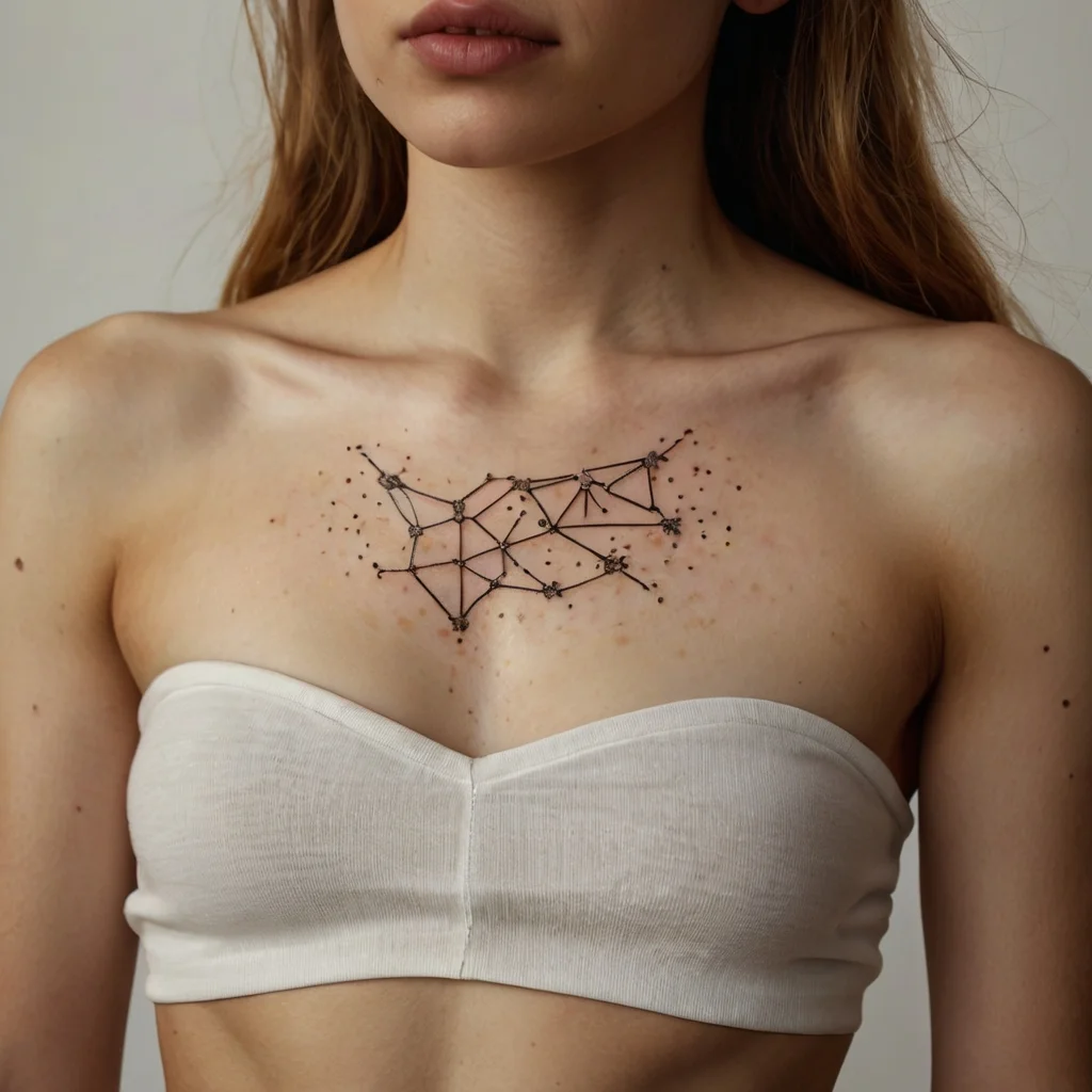 Geometric constellation tattoo on the chest with interconnected star-like dots and thin lines creating an abstract design.