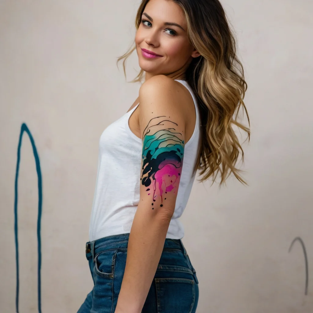 Watercolor tattoo blending teal and pink waves on the upper arm, accented with bold black splashes and flowing lines.