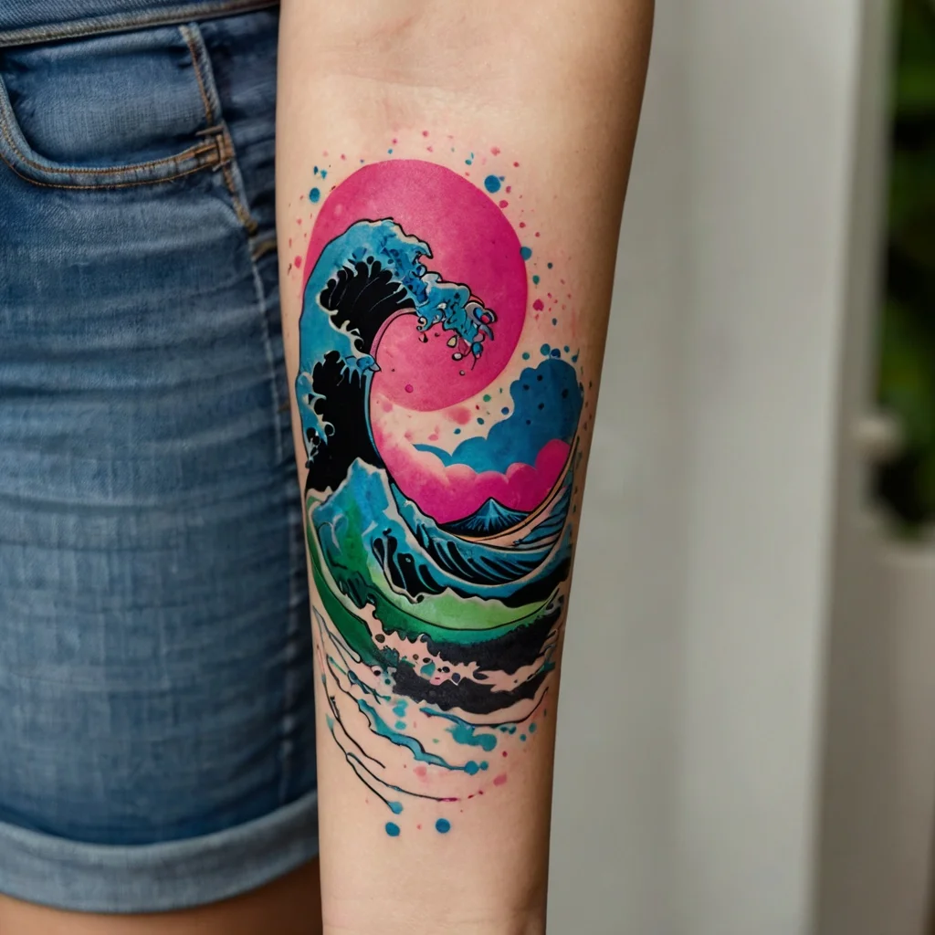 Vibrant tattoo of a stylized wave with blue and green hues against a pink sunset background, blending abstract and traditional art.