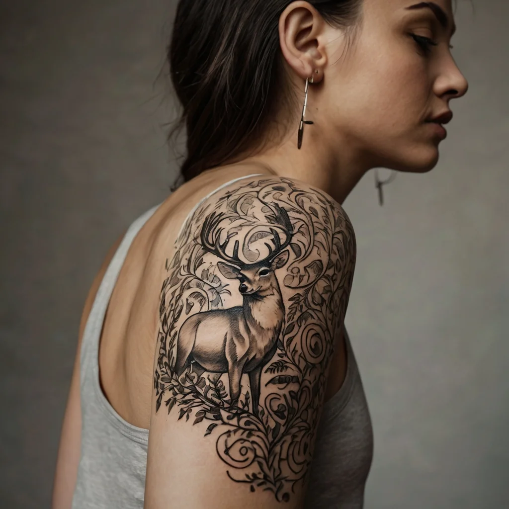 Realistic deer tattoo with antlers, surrounded by intricate swirling foliage on the upper arm and shoulder.