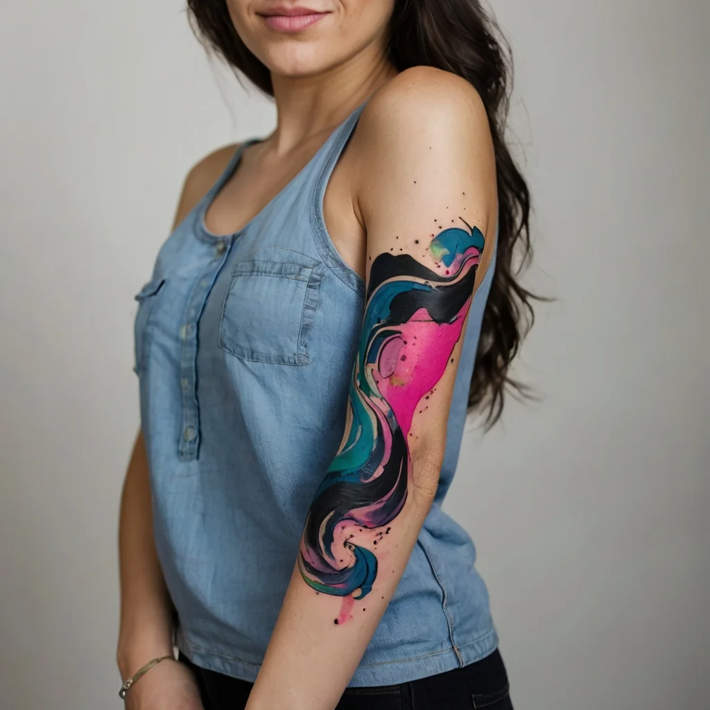 Dynamic watercolor tattoo featuring vibrant pink, teal, and black swirling abstract shapes on the upper arm.