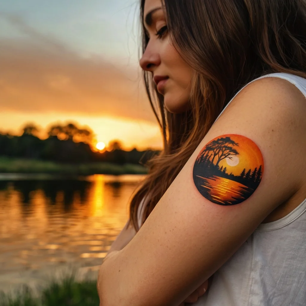 A circular tattoo featuring a vibrant sunset over a lake, with silhouetted trees and orange reflections on the water.