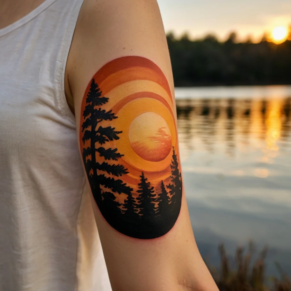 Tattoo of a vibrant sunset with silhouetted pine trees on an arm, blending warm orange and yellow hues for a serene landscape.