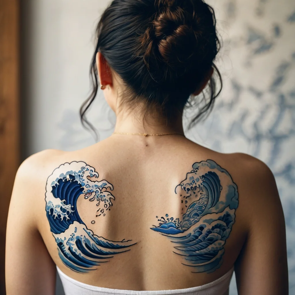 Tattoo of two stylized blue ocean waves on a woman's back, echoing traditional Japanese art with flowing details.