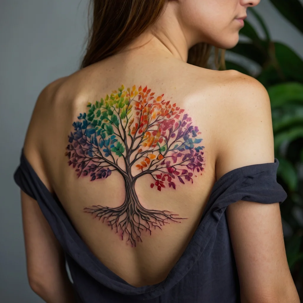 Colorful tree tattoo on the back, showcasing vibrant leaves in rainbow shades, symbolizing growth and diversity.