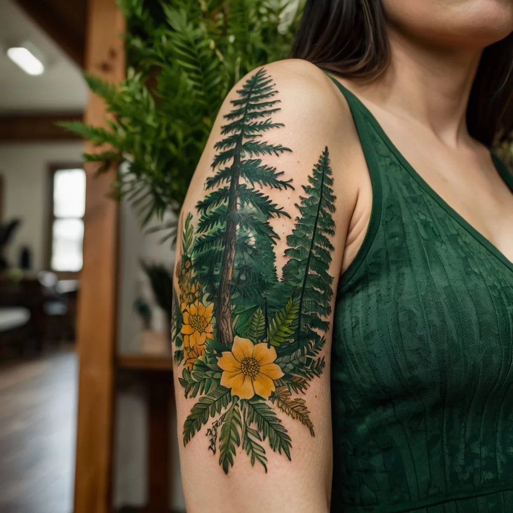 Forest-themed tattoo with tall evergreens and vibrant yellow flowers, wrapping around the upper arm with lush green foliage.