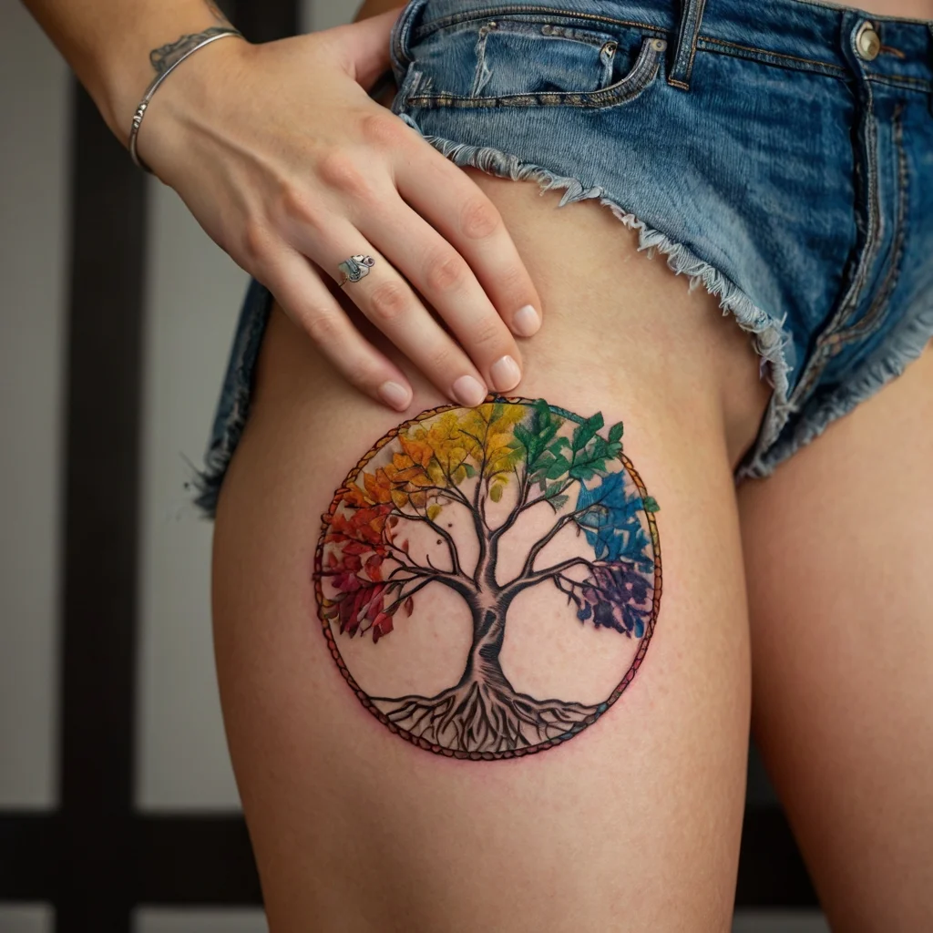 Tattoo of a tree within a circle, featuring rainbow-colored leaves and intricate roots on the thigh.