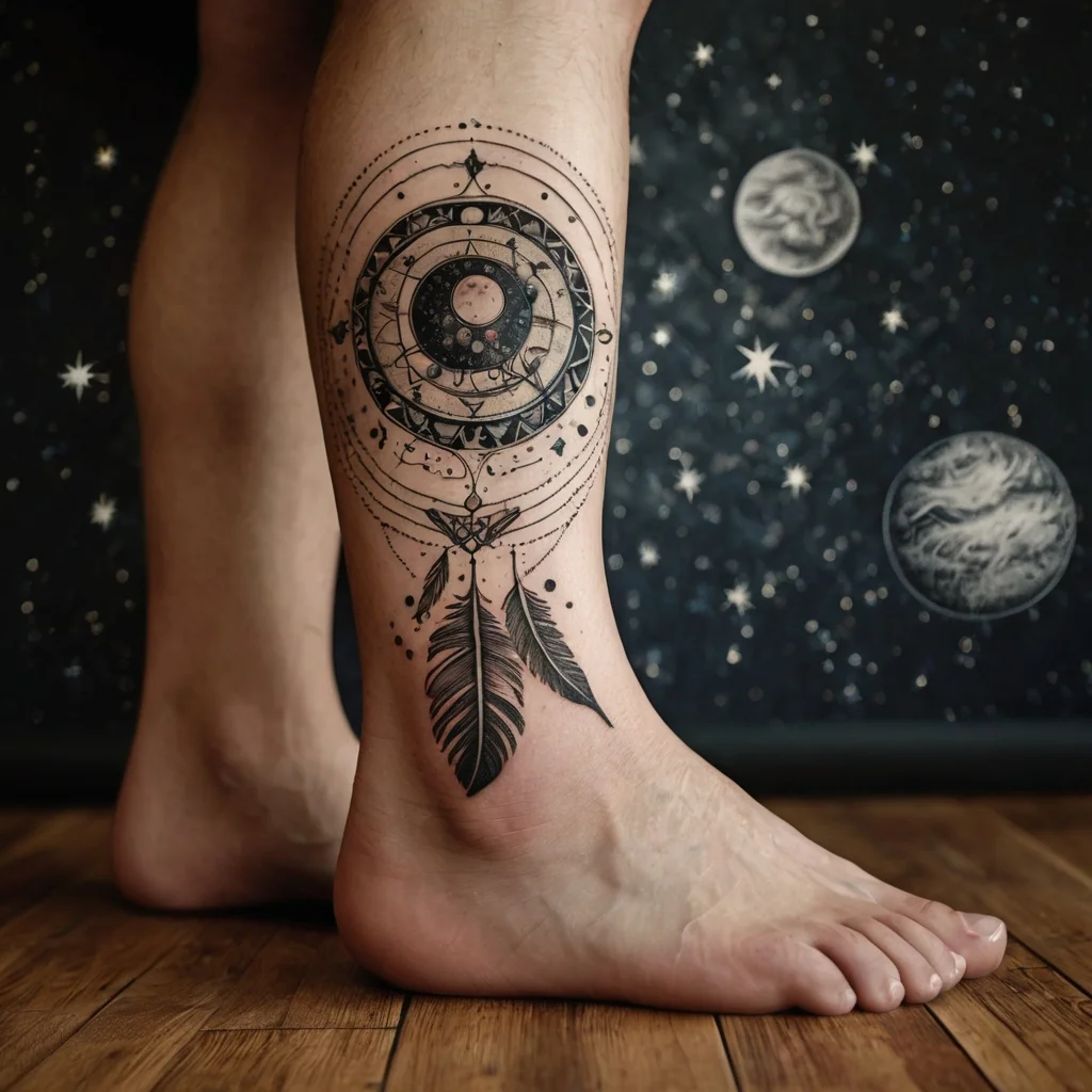 Tattoo of a dreamcatcher with geometric patterns, crescent moon center, and detailed feathers on lower leg.