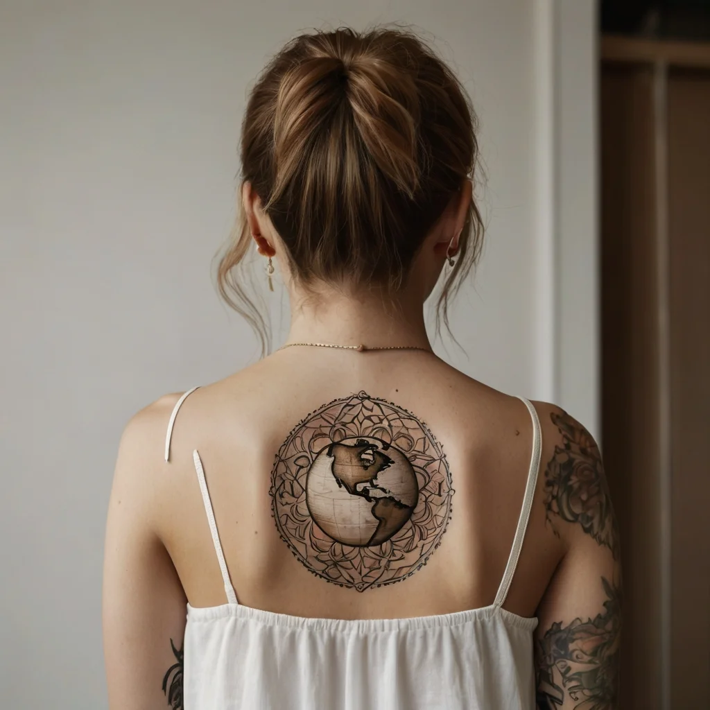 Intricate globe tattoo on back, featuring North and South America, surrounded by a mandala-inspired geometric pattern.