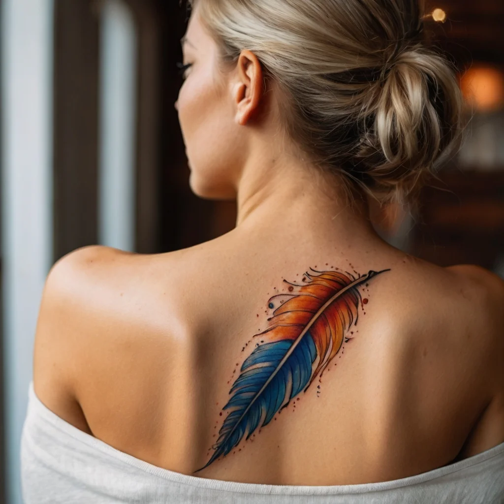 A vibrant feather tattoo in blue and orange hues graces the upper back, blending realistic detail with artistic flair.