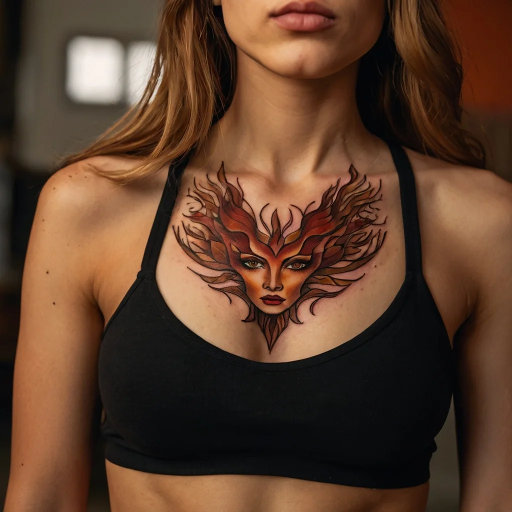 Chest tattoo of a mystical woman with fiery hair, blending warm tones and intricate linework for a striking effect.