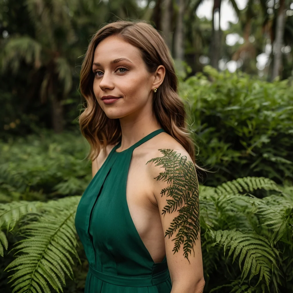 Ornate fern tattoo on shoulder, intricately detailed with leafy fronds extending gracefully down the arm.