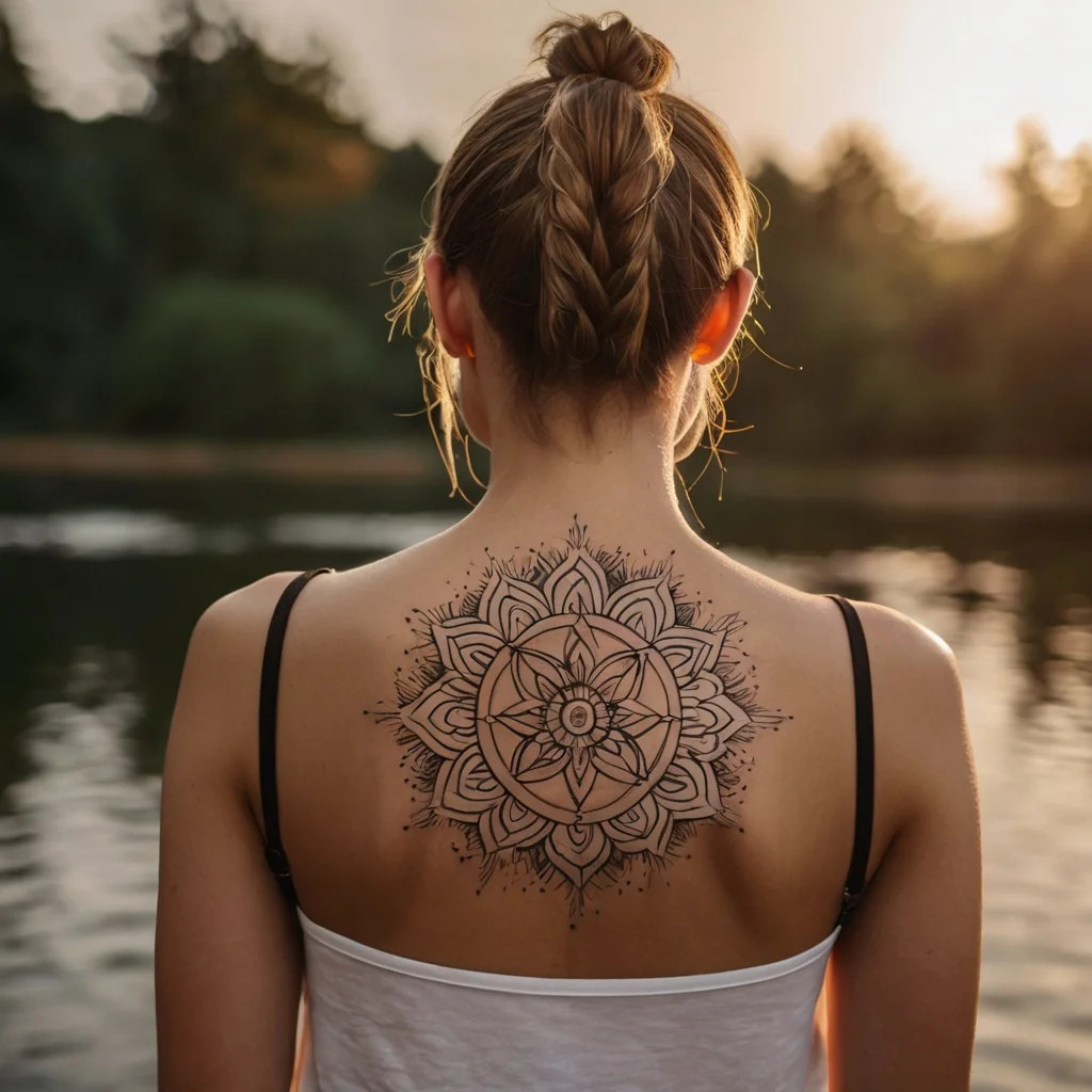 Mandala tattoo with intricate geometric patterns and floral elements on upper back, symbolizing balance and harmony.