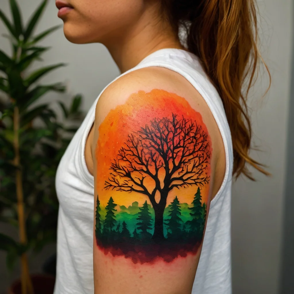 Colorful sunset tattoo on upper arm featuring a black silhouetted tree and pine forest with vibrant orange and green hues.