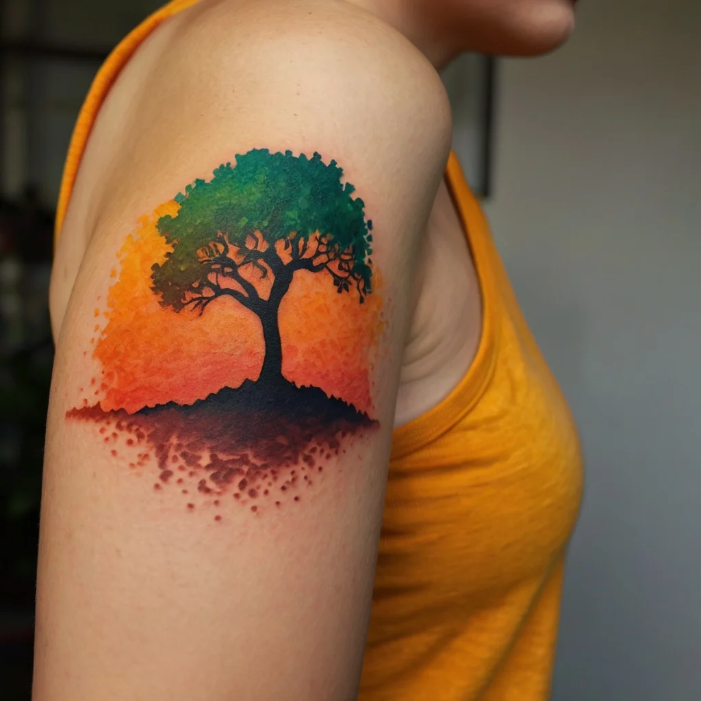 Tattoo of a lone tree with vibrant green leaves, set against a warm orange and red watercolor-like sunset background.