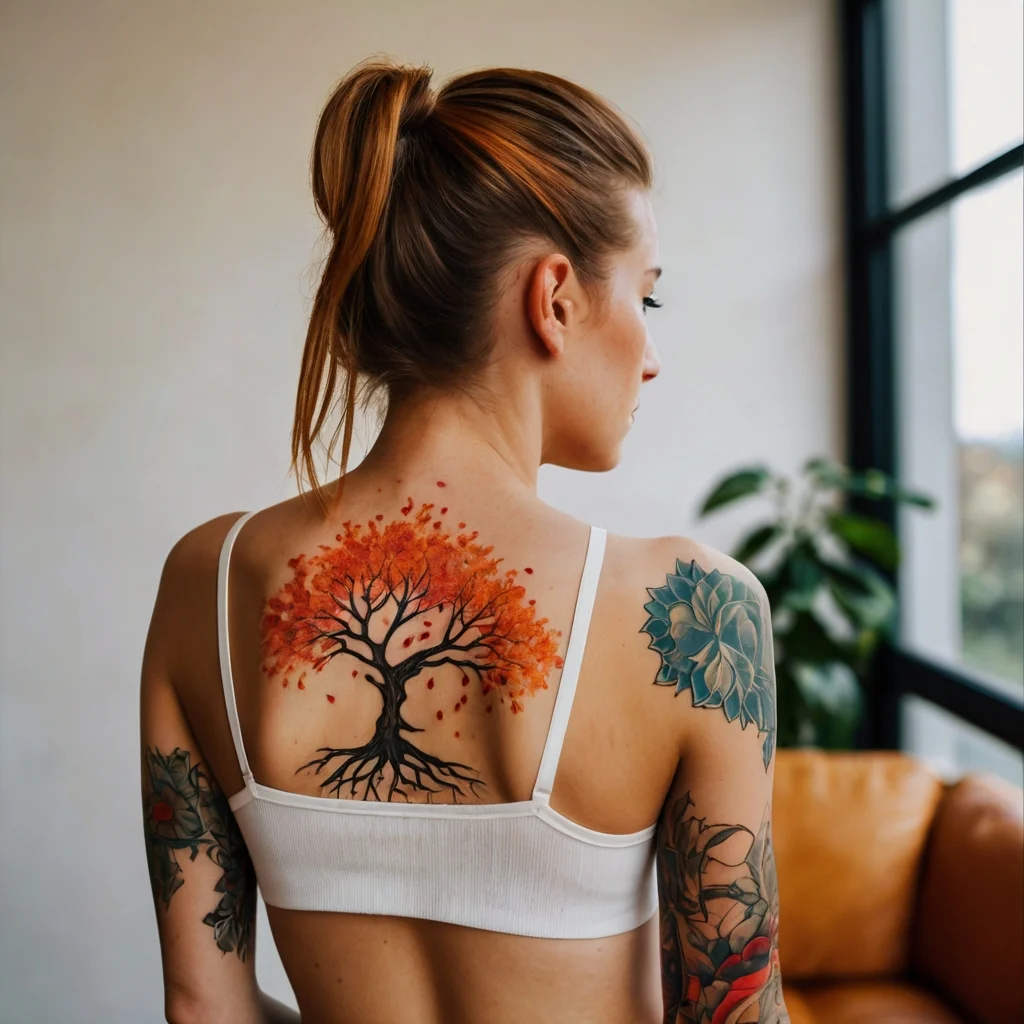 Colorful autumn tree tattoo on back with vibrant red-orange leaves. Detailed floral tattoos on shoulders and arms.