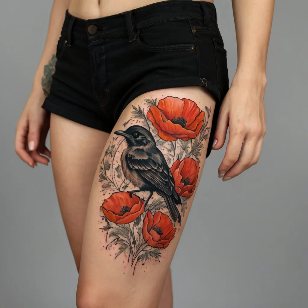 Tattoo of a realistic blackbird perched among vibrant red poppies with delicate green leaves on thigh.