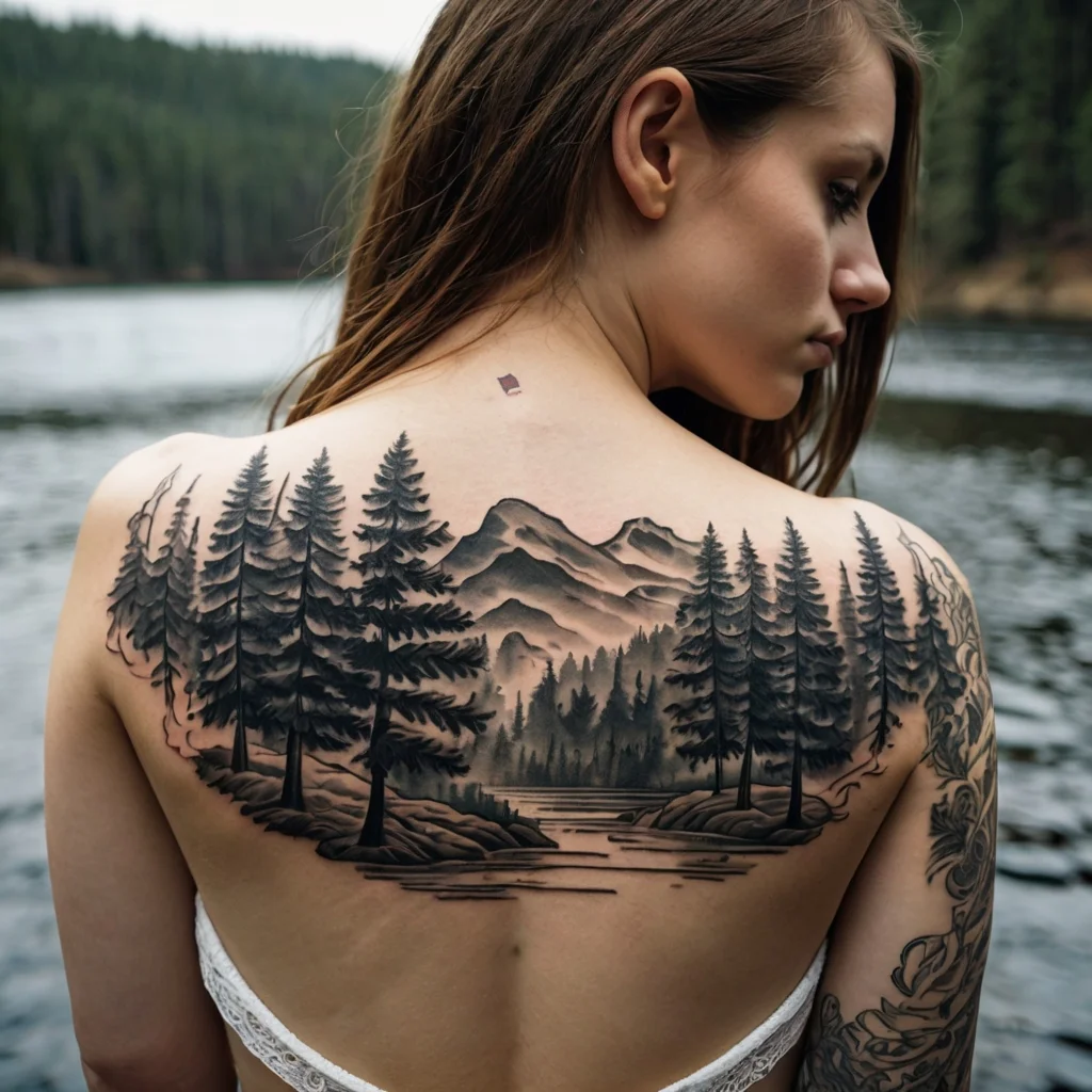 Landscape tattoo of pine trees and mountains across the back, depicting a serene woodland scene in grayscale.