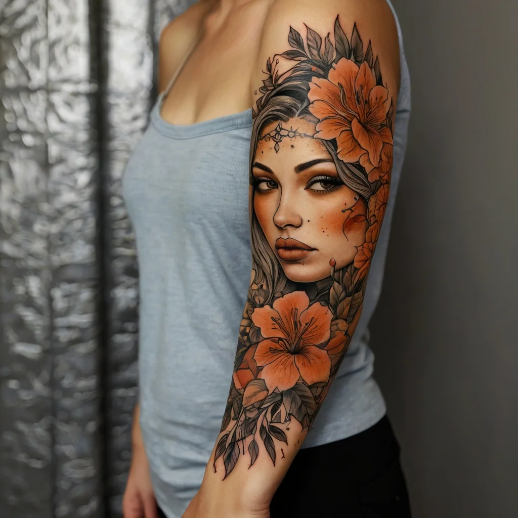 Arm tattoo features a woman's portrait intertwined with vibrant orange hibiscus flowers and dark leaves, creating a striking design.