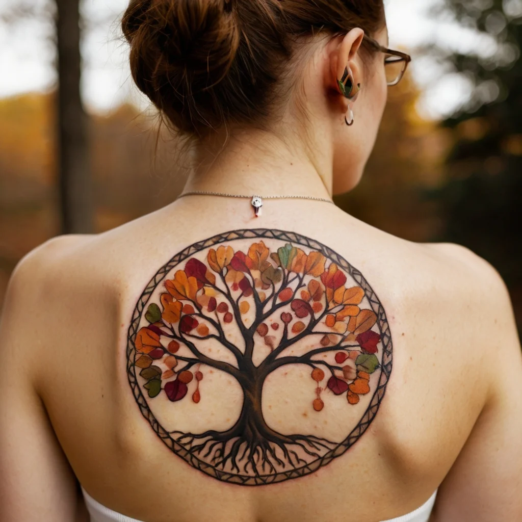 A circular back tattoo of a tree with vibrant autumn leaves in orange, red, and yellow hues symbolizing life and change.