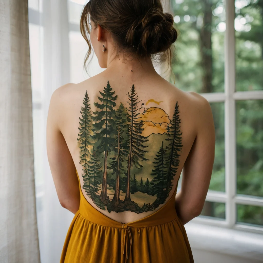 Back tattoo of towering evergreen trees against a sunset sky, capturing a serene forest landscape.