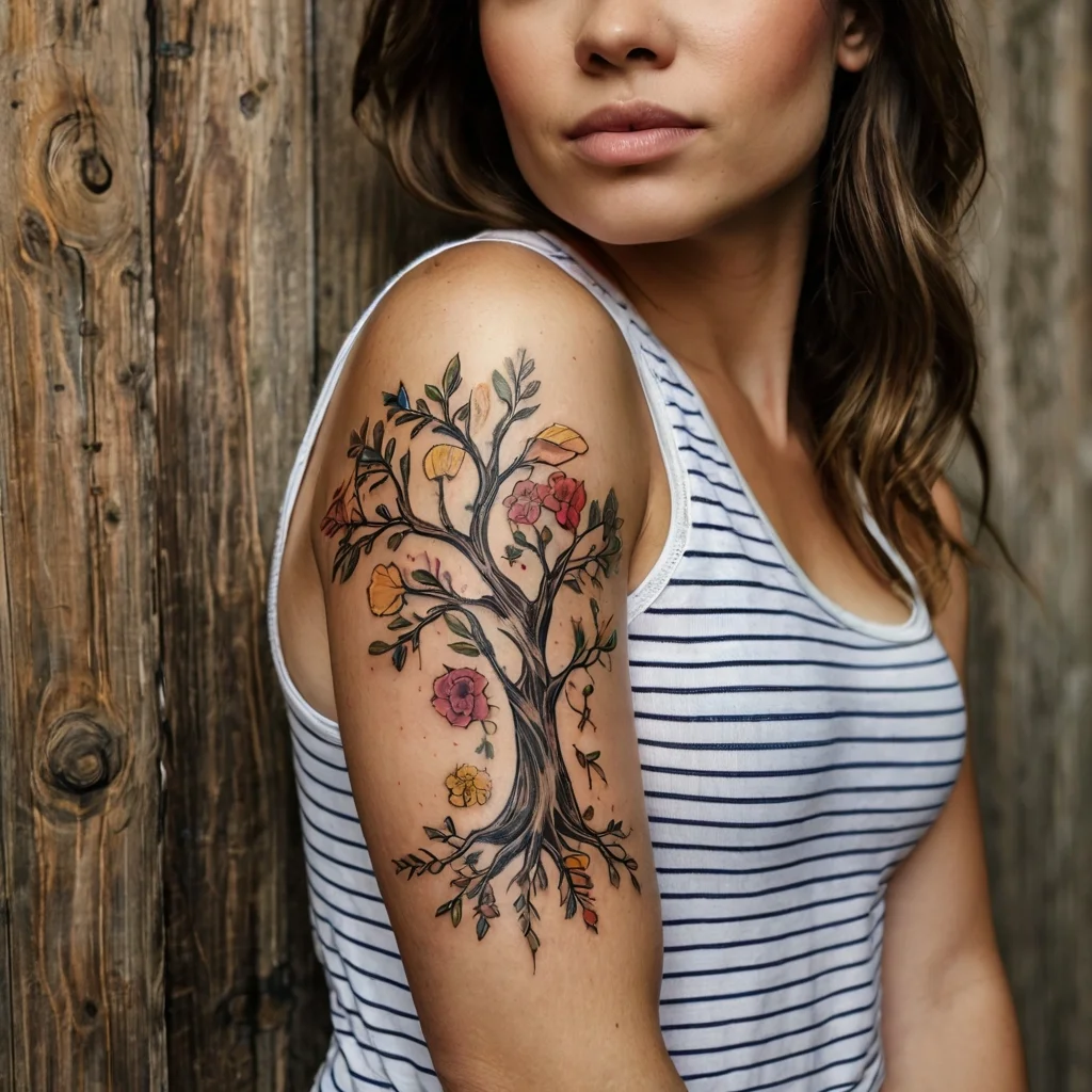 Colorful tree tattoo with blooming flowers in various hues, symbolizing growth and life on the woman's upper arm.