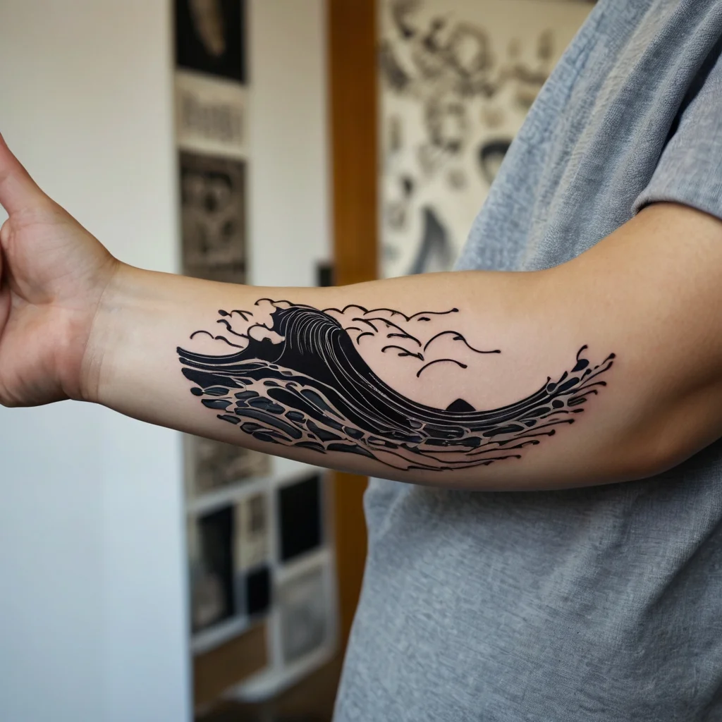 Stylized black wave tattoo, inspired by traditional Japanese art, with curling waves and abstract water droplets on the forearm.