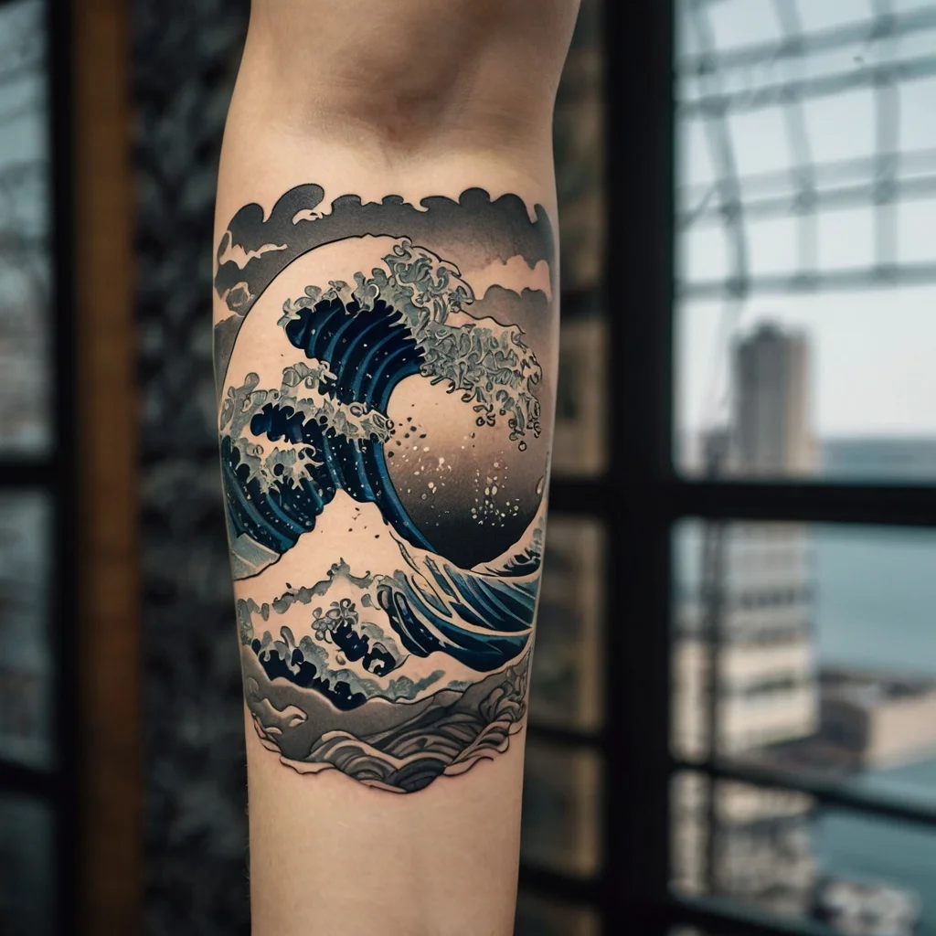 Tattoo of stylized ocean waves, inspired by Japanese art, with dynamic blues and greys forming a swirling sea pattern.