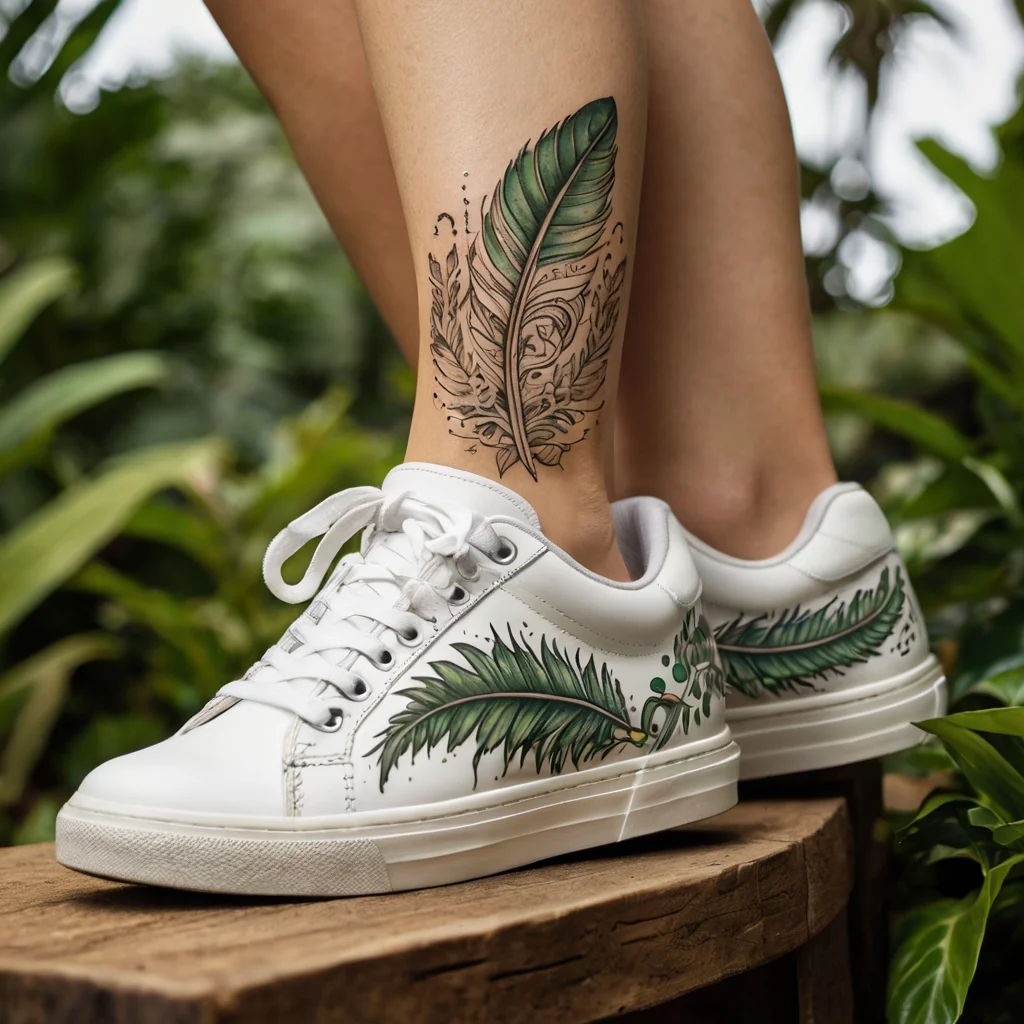 Tattoo of a vibrant green feather with intricate detailing, blending into a botanical design on the calf.