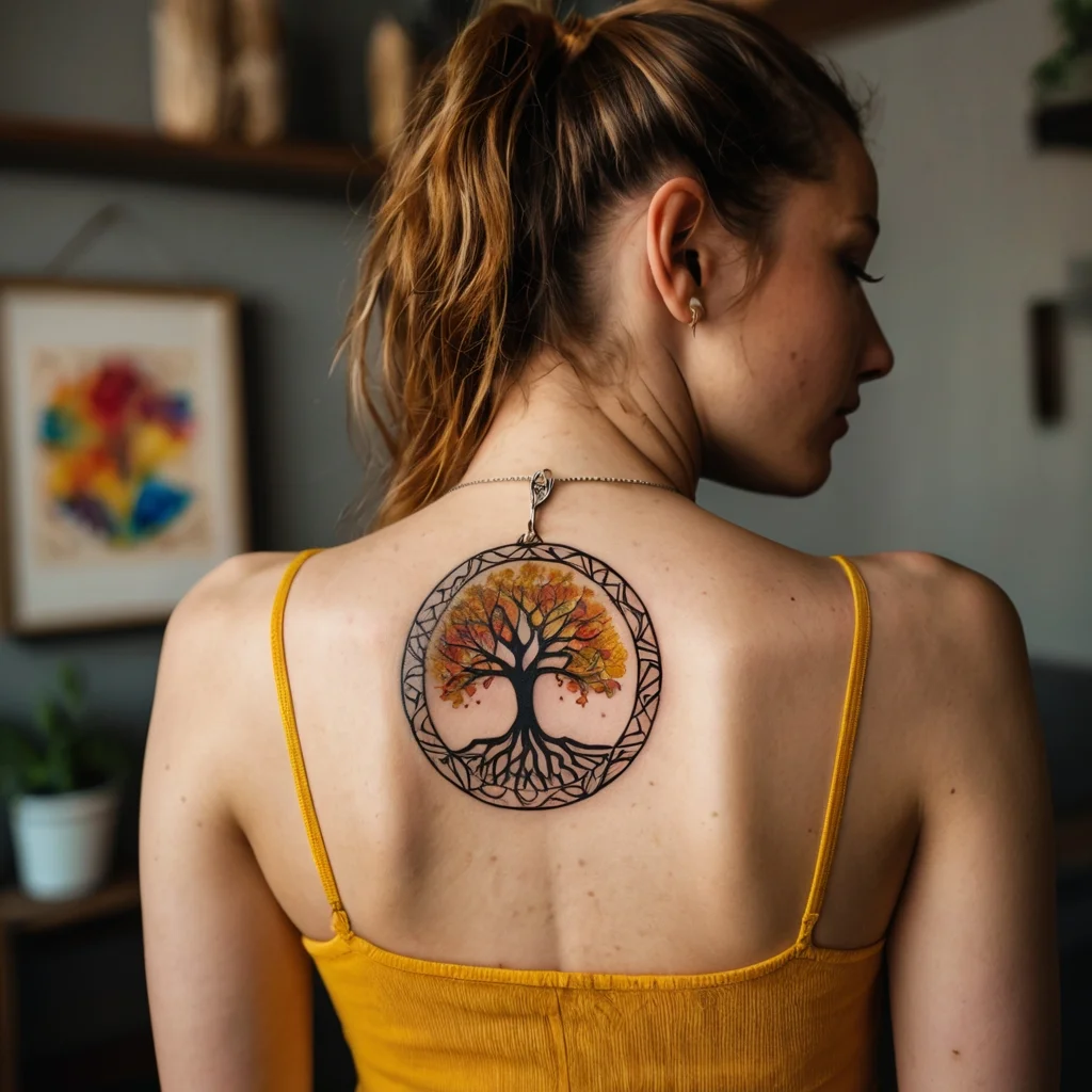 Tattoo of a vibrant tree within a circle, with roots and branches extending, symbolizing life and growth on the upper back.