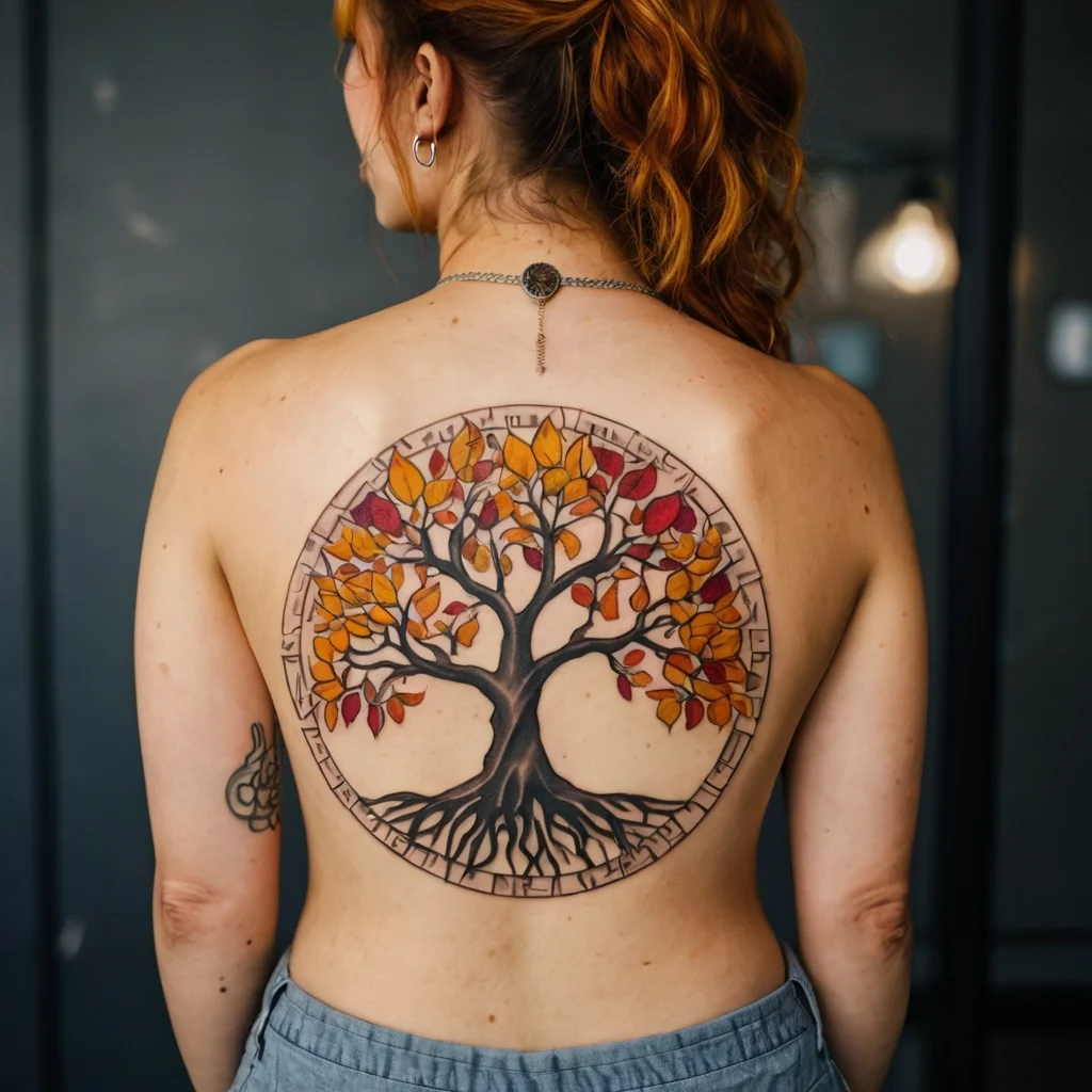 Tree of life tattoo with vibrant autumn leaves in red and orange, framed by a circular pattern on the back.