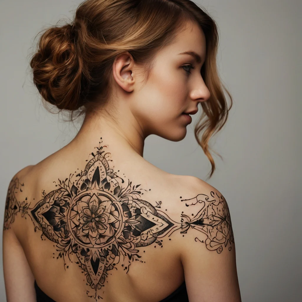 Intricate mandala tattoo on the upper back, featuring floral details and geometric symmetry, extending across the shoulders.