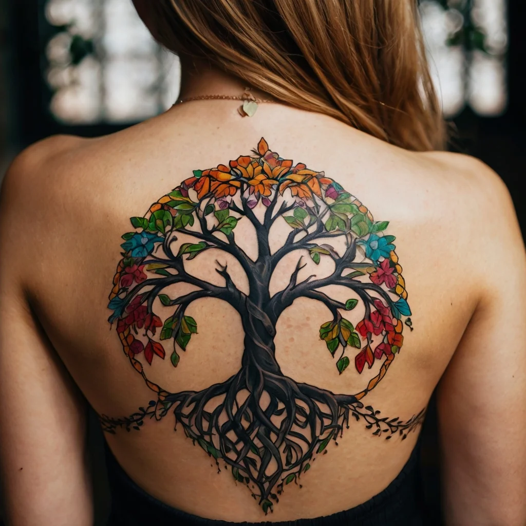 Colorful tree of life tattoo on back, with vibrant branches in a circle and intricate, twisting roots below.