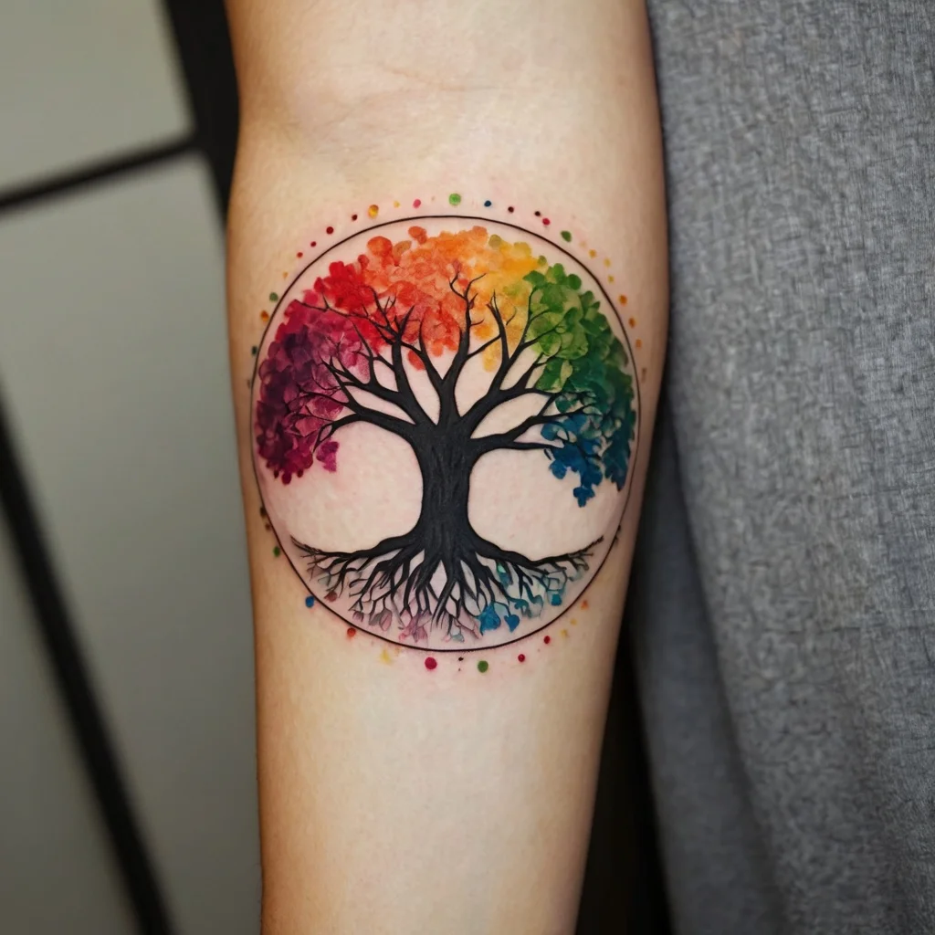 Colorful tree tattoo with vibrant rainbow leaves in circular design; symbolizes life, growth, and diversity.