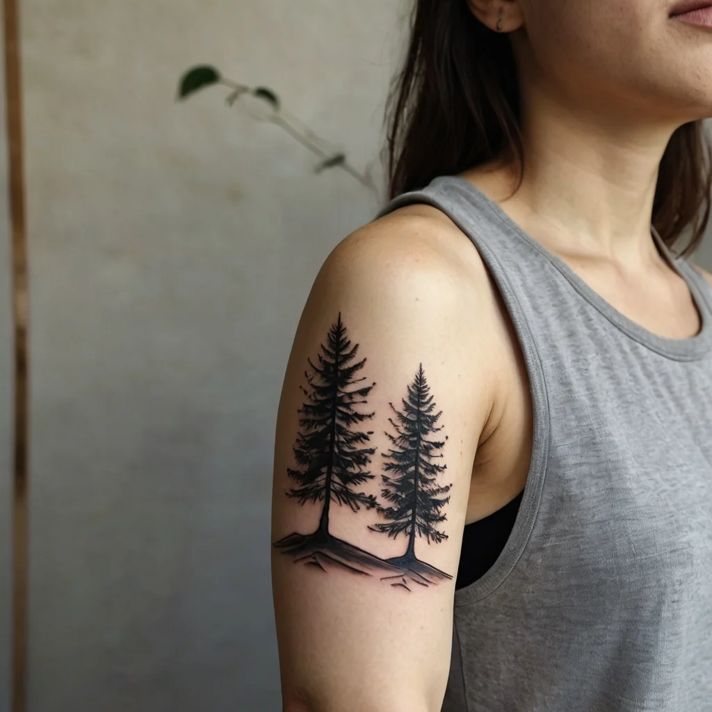 Tattoo of two detailed pine trees on the upper arm, with shaded roots extending over the skin, symbolizing nature and growth.