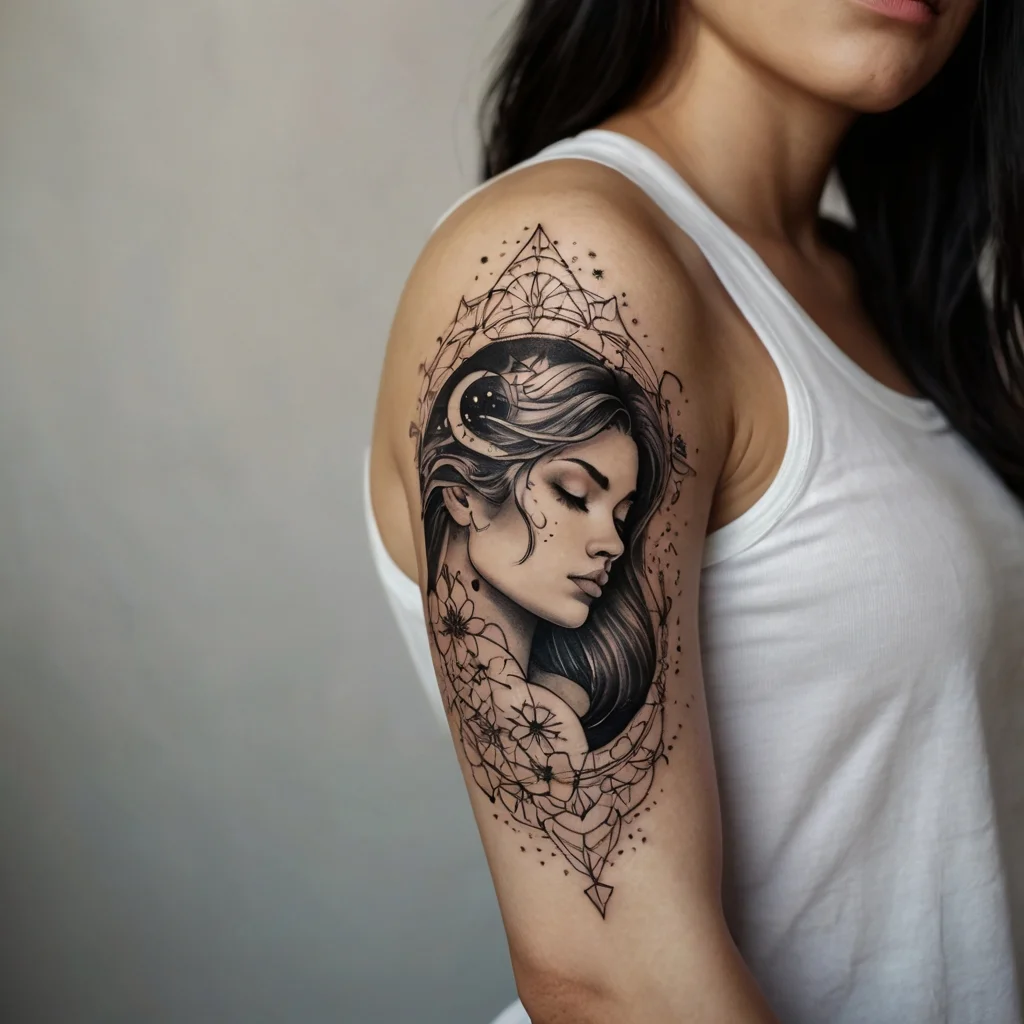 Tattoo of a woman's serene profile surrounded by celestial elements and geometric florals, symbolizing harmony and mysticism.