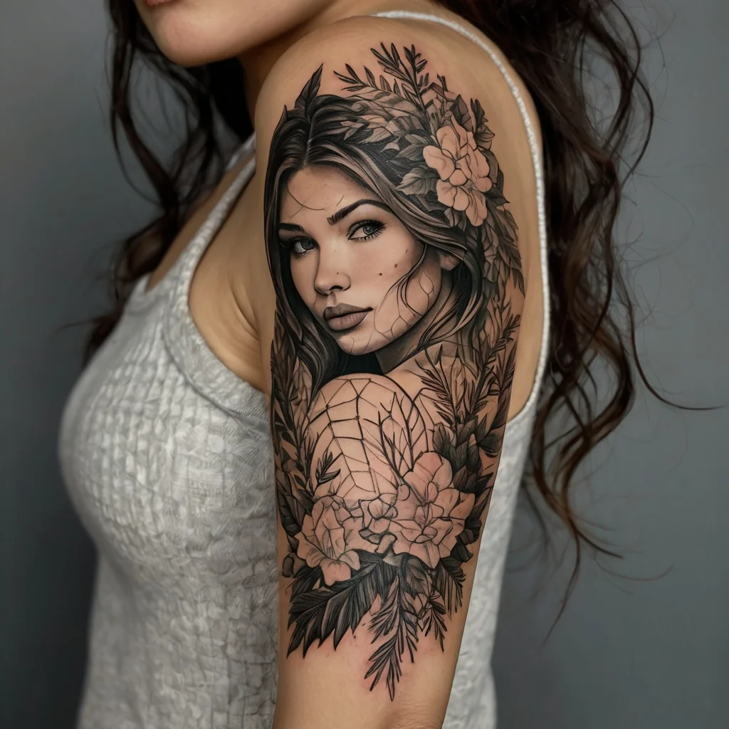 Tattoo of a woman's portrait with detailed flowers and foliage, blending realism and nature on the upper arm.