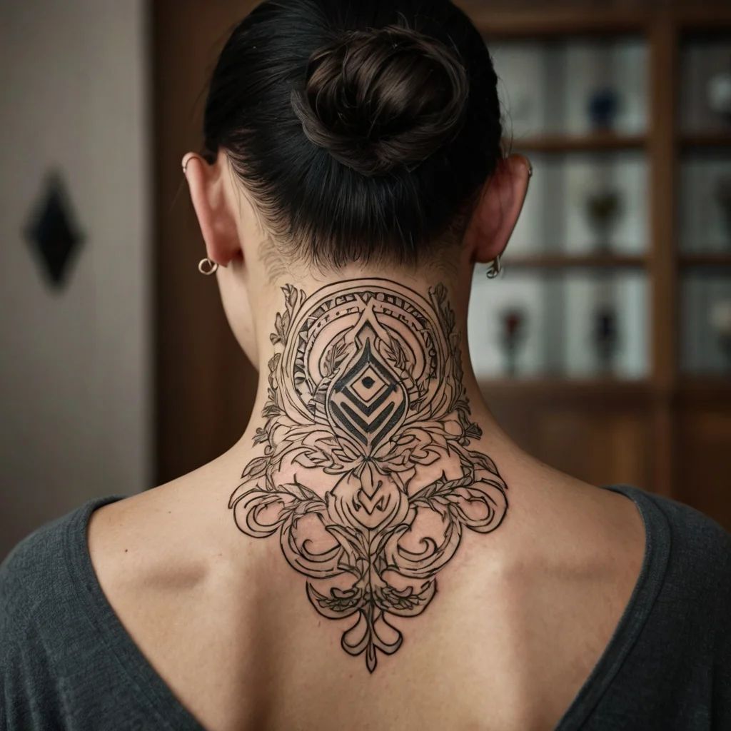 Intricate ornamental neck tattoo featuring symmetrical patterns and a central diamond shape, framed by swirling filigree.